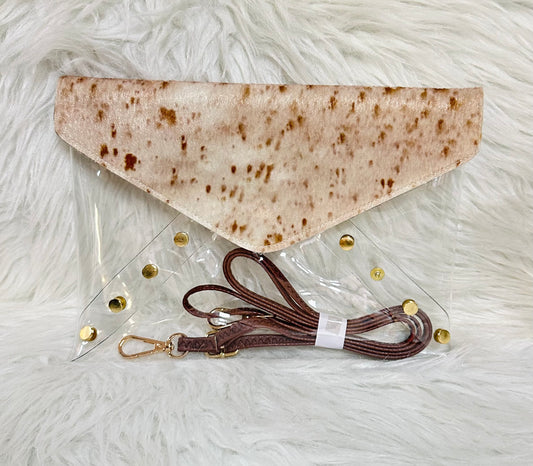 Beige & Brown Cow Print Envelope Clutch