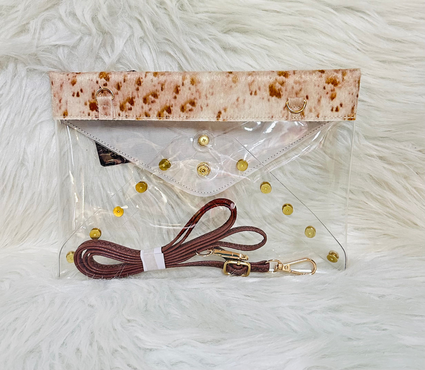 Beige & Brown Cow Print Envelope Clutch