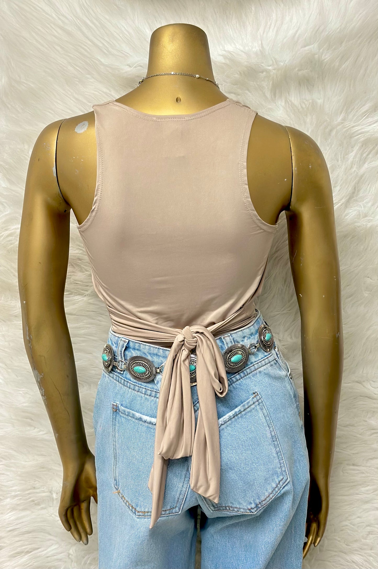 Beige Body Suit Tank Top With Tie Back