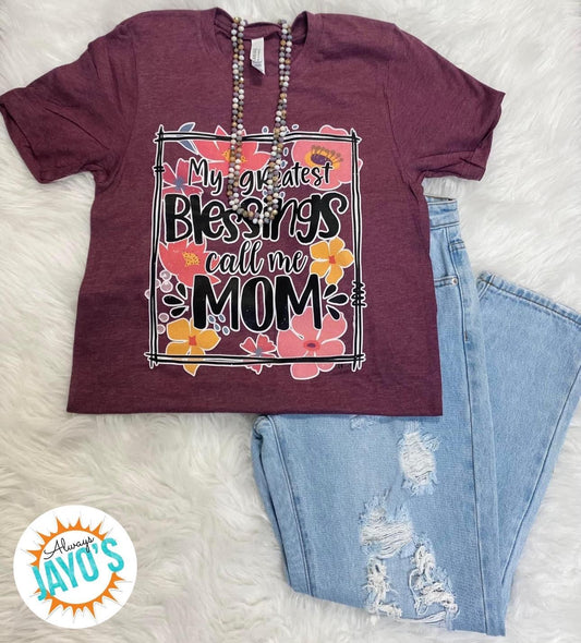 Purple Floral "My Greatest Blessings Call Me Mom" Graphic T-Shirt