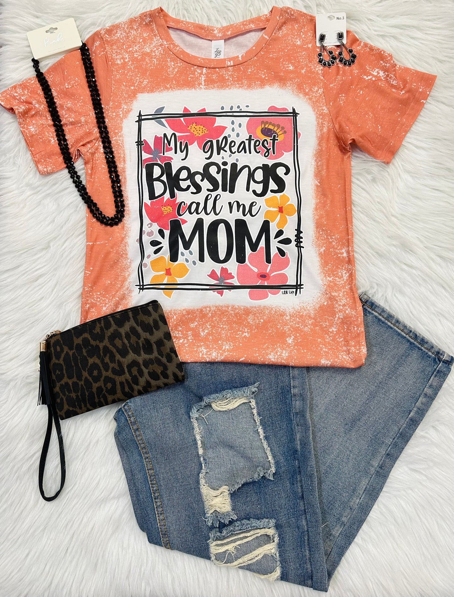 Orange Floral "My Greatest Blessings Call Me Mom" Graphic T-Shirt