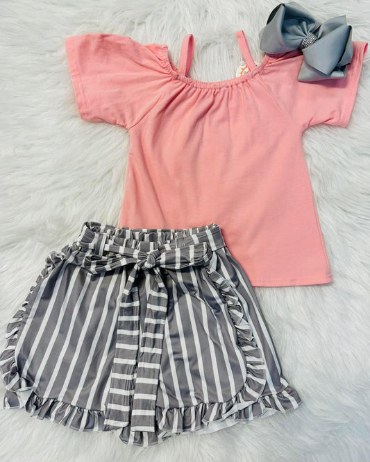 Striped Off The Shoulder Short Set