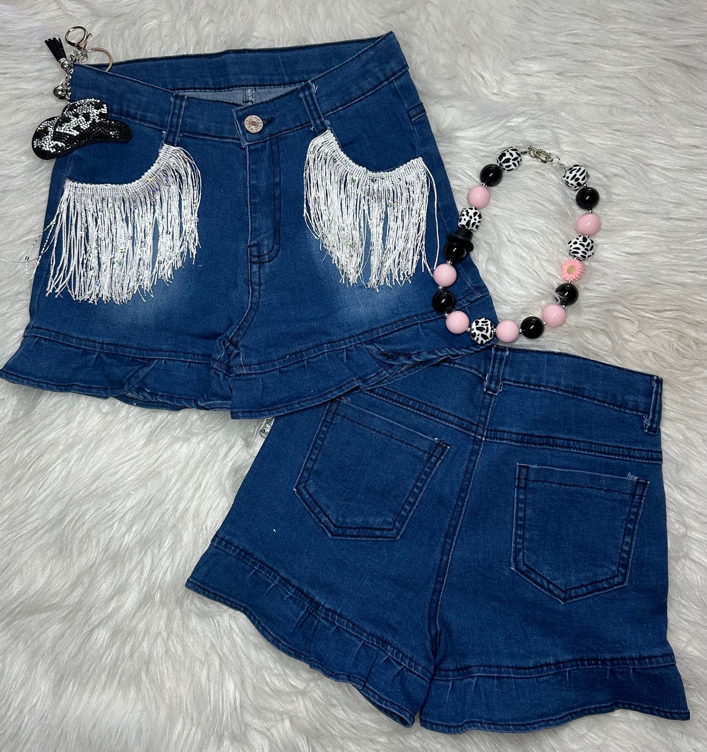 Denim Blue Jean Shorts With Fringe