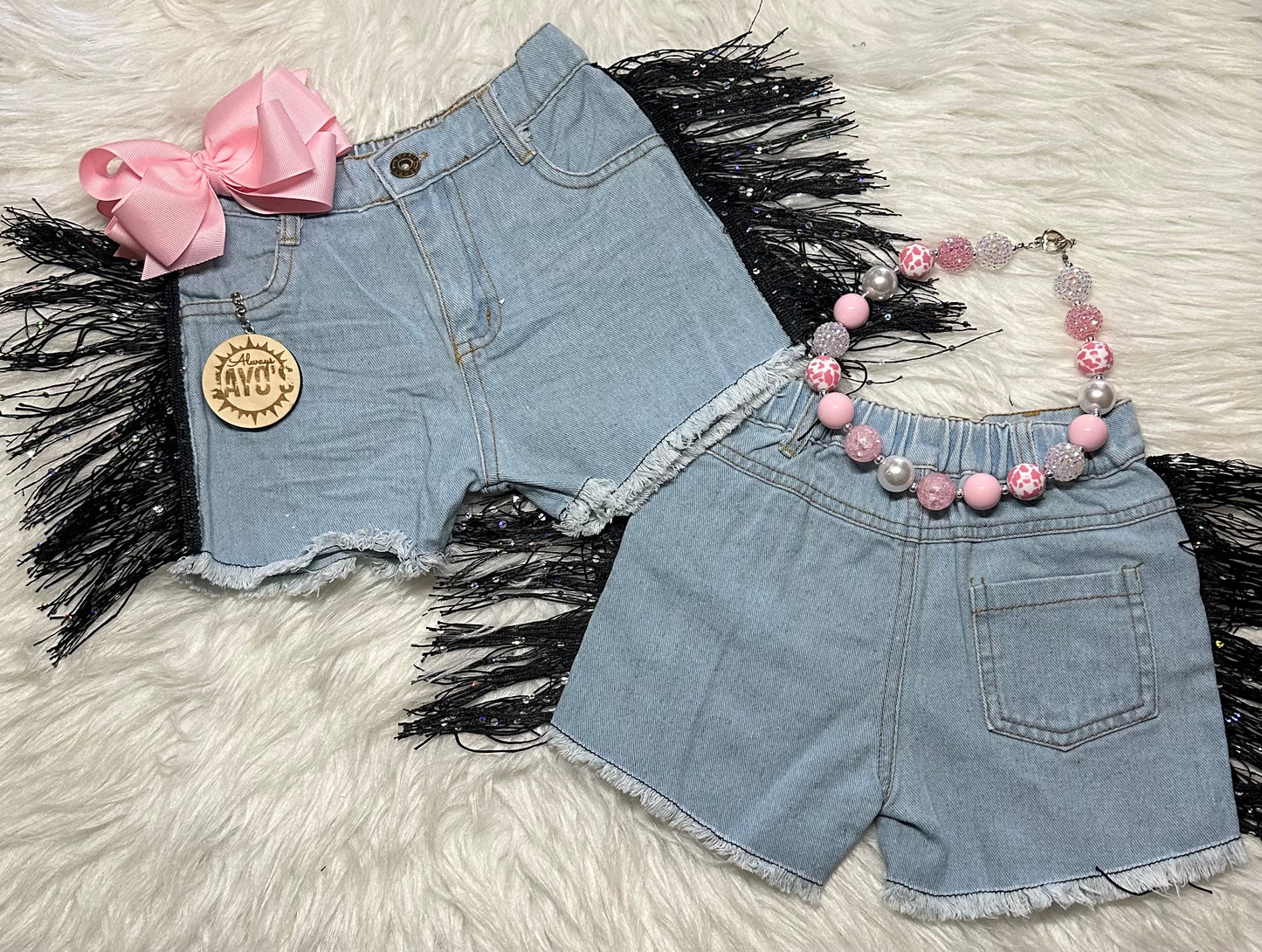 Light Denim Jean Shorts With Fringe