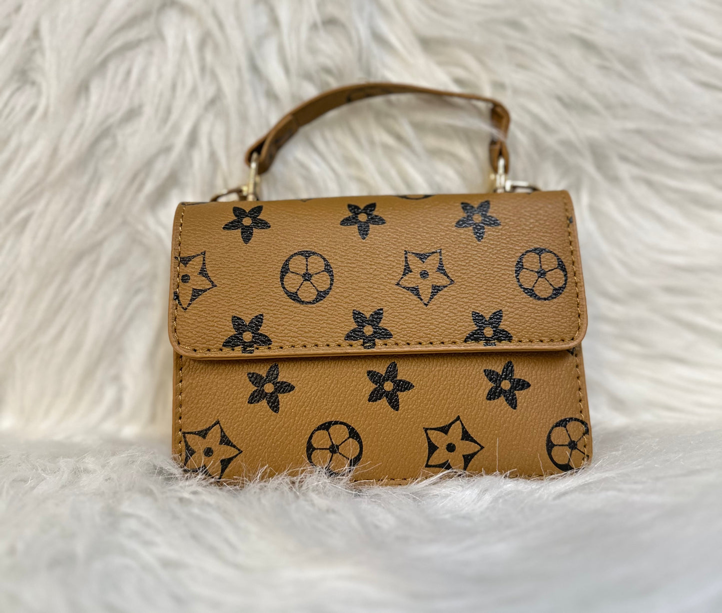 Girls Light Brown & Black Flower Crossbody Purse