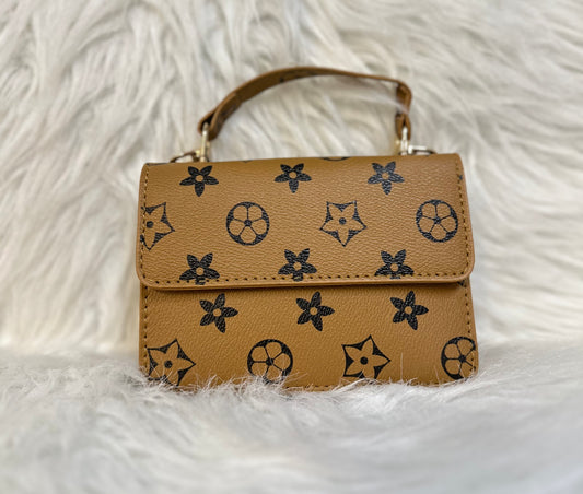 Girls Light Brown & Black Flower Crossbody Purse