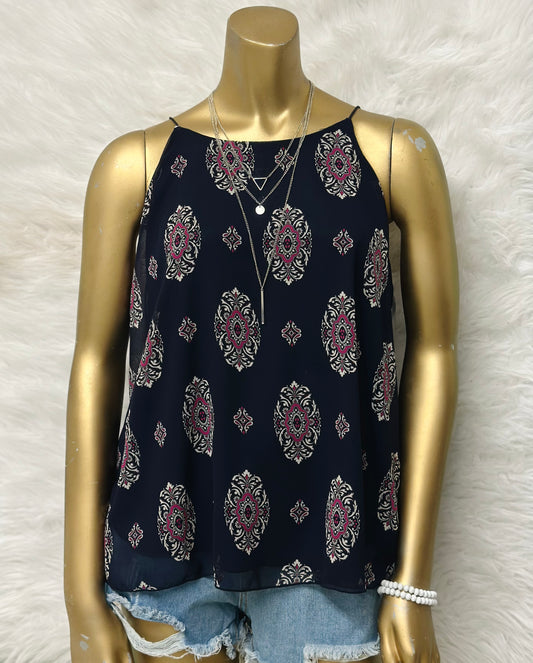 Navy Blue Plus Size Pattern Tank Top