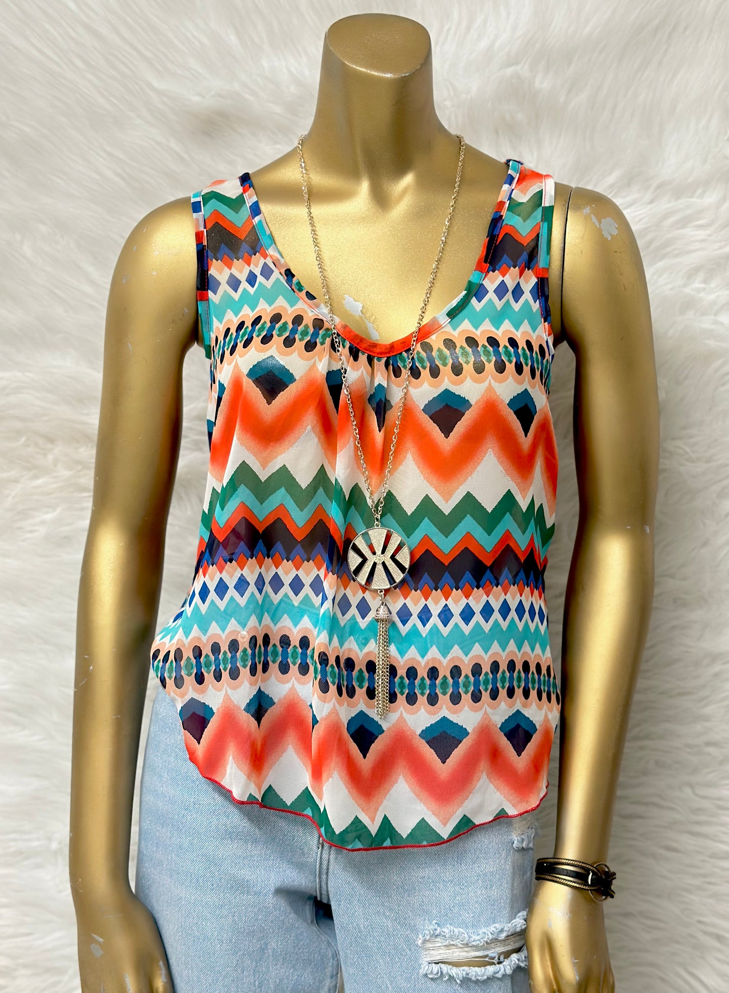 Orange Chevron Tank Top With Necklace