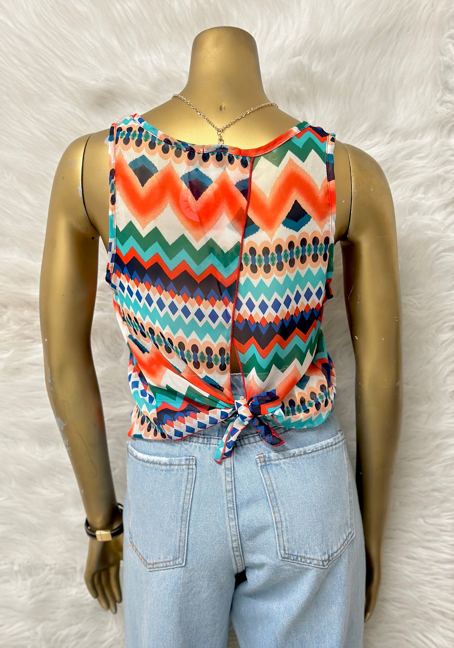 Orange Chevron Tank Top With Necklace