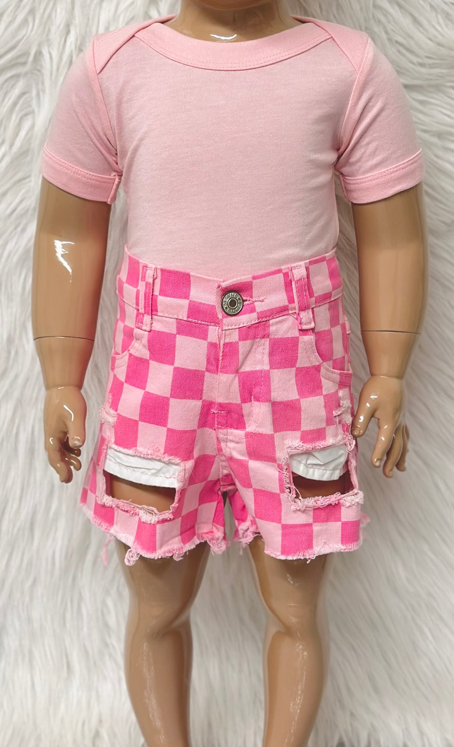 Pink Checkered Jean Shorts