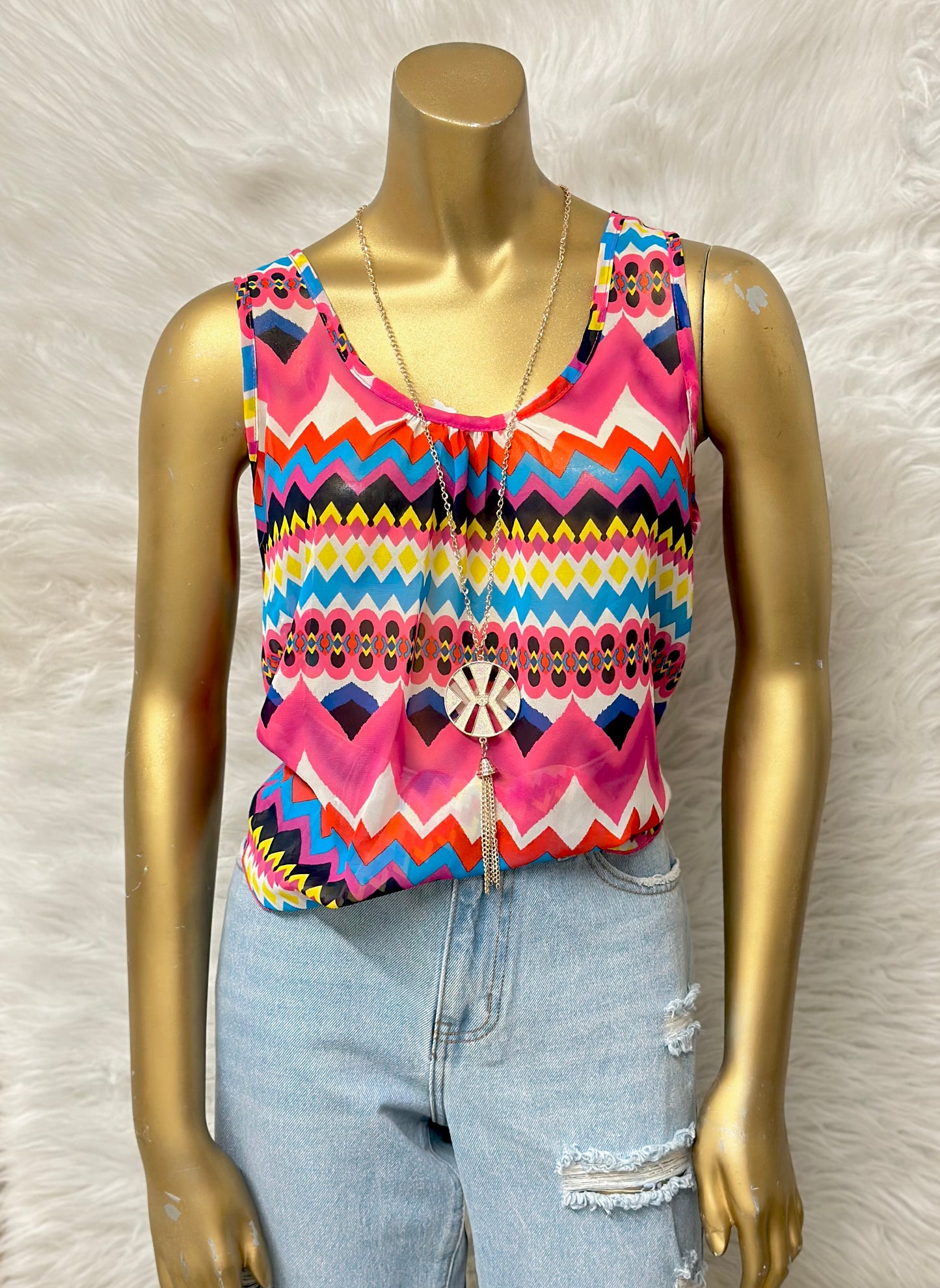 Pink Chevron Tank Top With Necklace