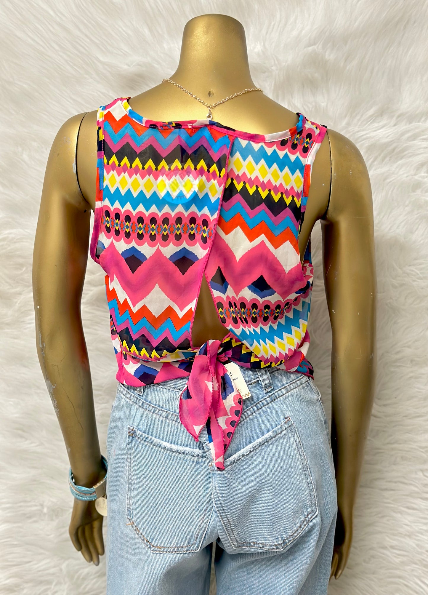 Pink Chevron Tank Top With Necklace