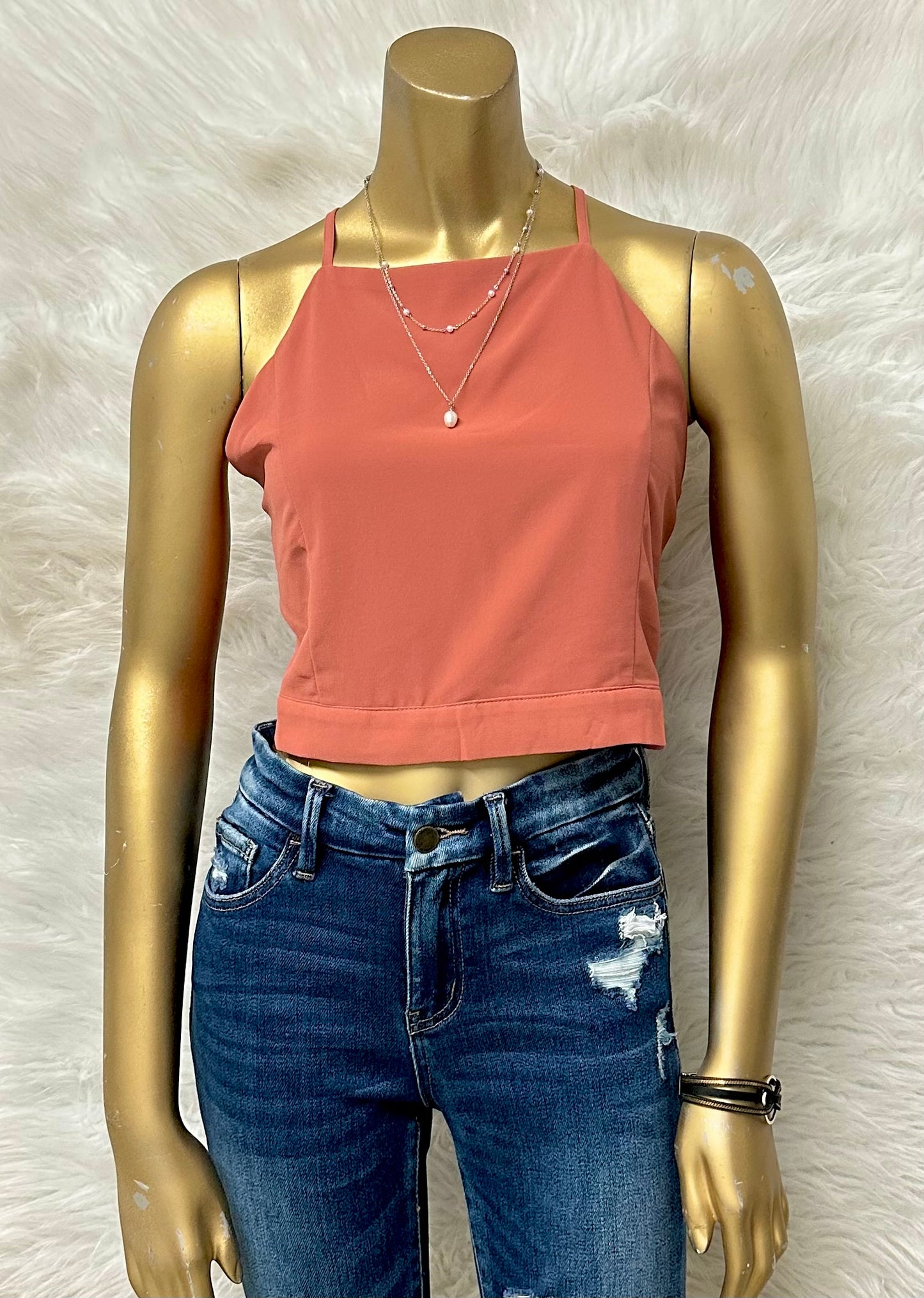 Plus Size Salmon Tank Top With Back Tie