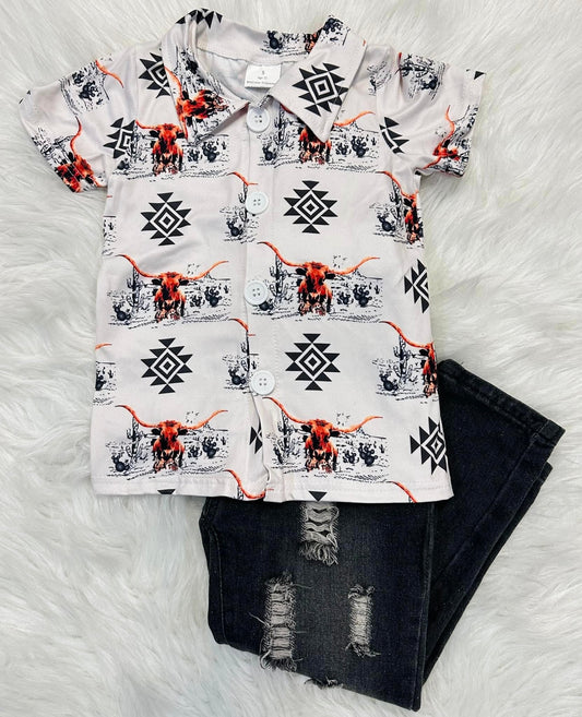 Tribal Cow Button Down Collared Top